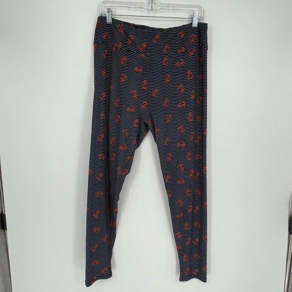 LuLaRoe Women's Blue Anchor Print Striped Stretch Leggings Size XXL Tall & Curvy